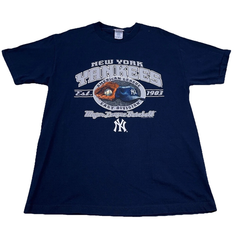 Vintage‎ New York Yankees Shirt Men Large Blue Tee Y2K 00s Hat Glove Logo Adult